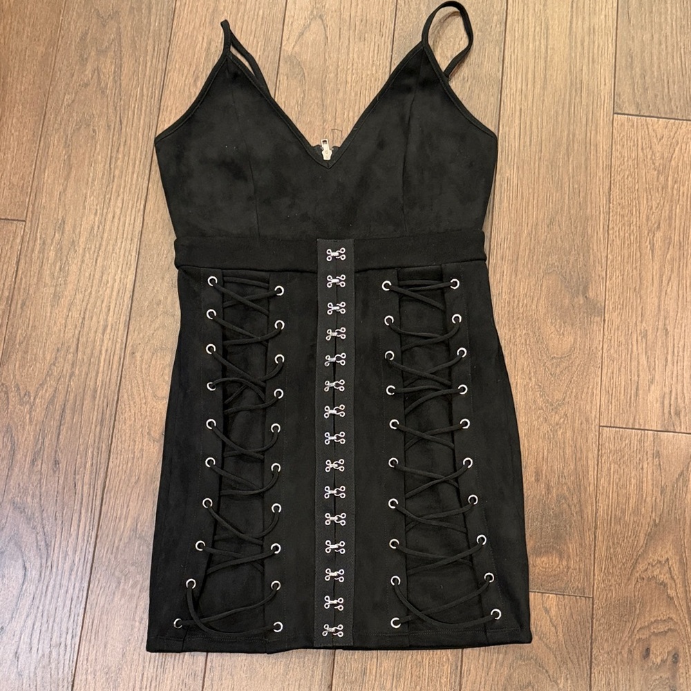 Who Am I Suede Black Lace-Up Dress NWT Size 8 - C8-003